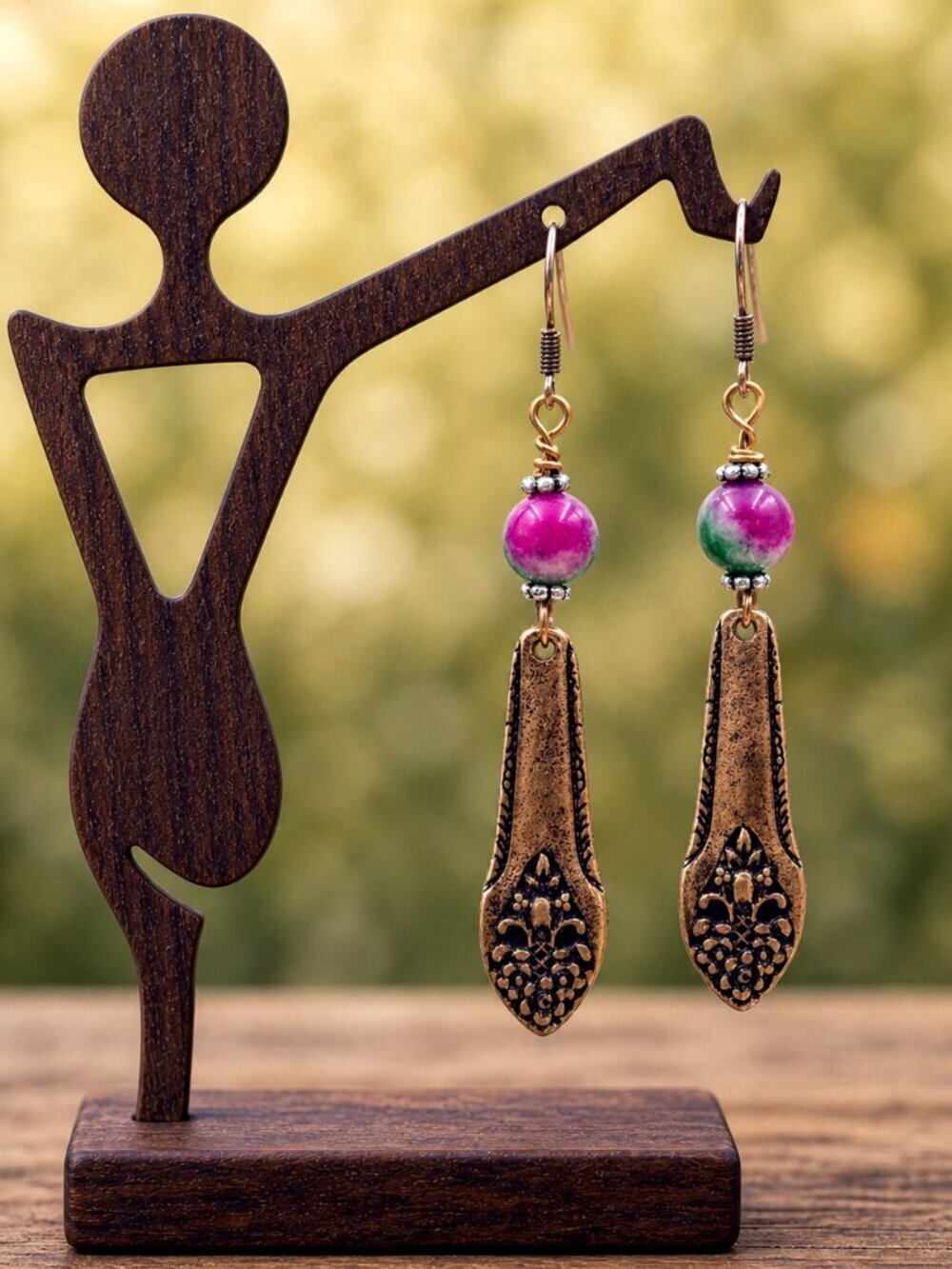 Antique Copper Filigree Drop Earrings With Beads - Picture 4 of 6